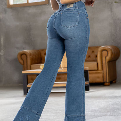 Jeans Push-Up Colombiano Zampa Vita Alta con Ricami, Effetto Lifting - Draxy 1718